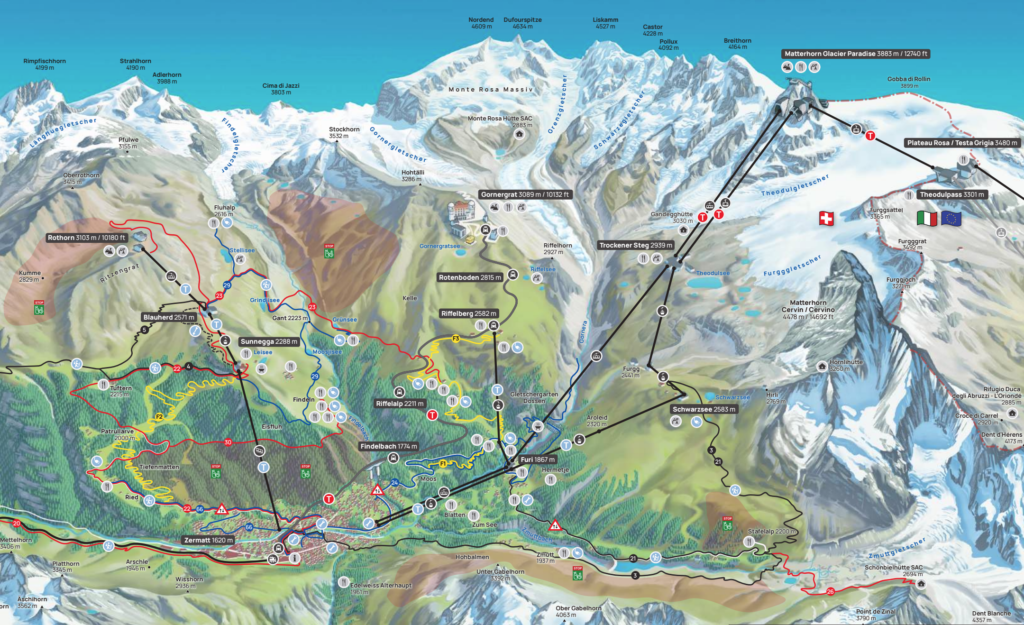 Detailed alpine map showing ski runs, trails, huts, and labeled peaks across a snowy landscape.